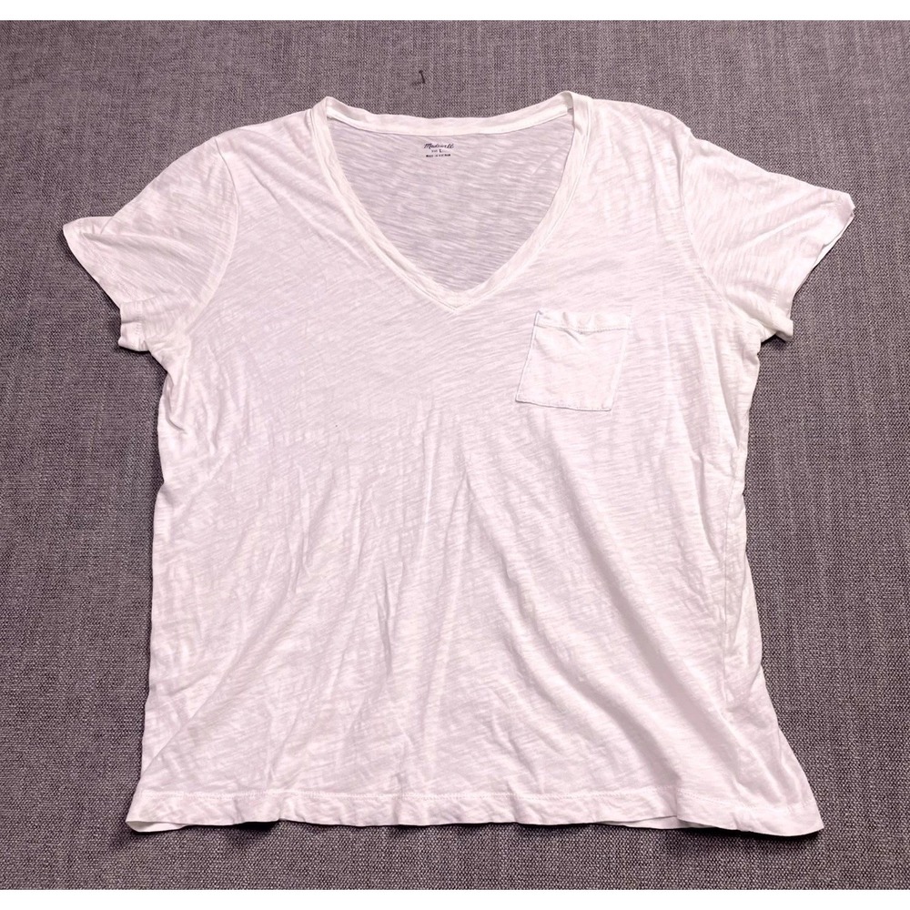 Madewell Whisper T-Shirt Womens Large White Cotton Pocket Short Sleeve V-Neck
